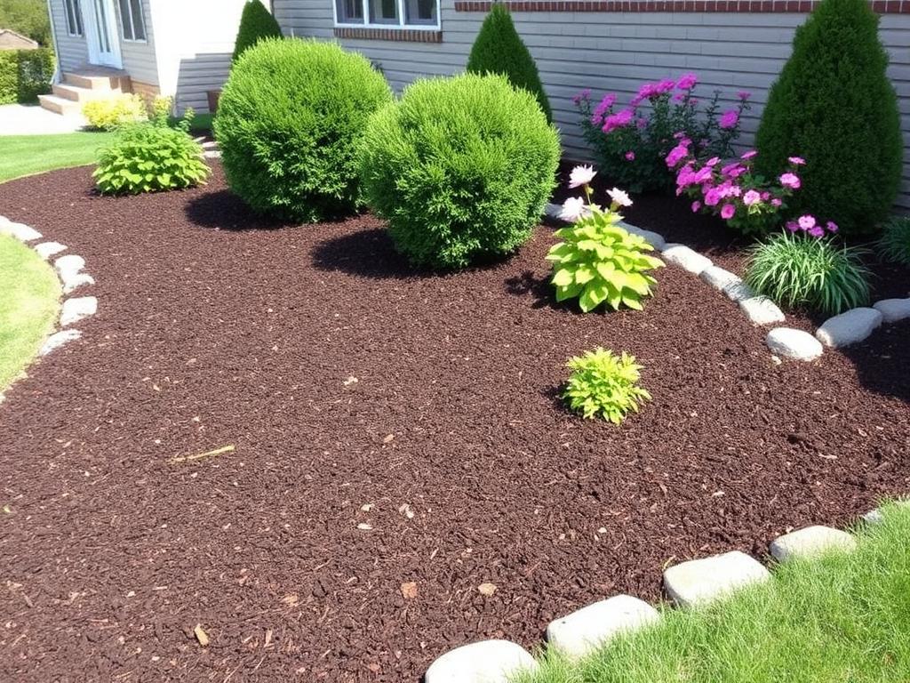 Freshly mulched garden bed with trimmed shrubs