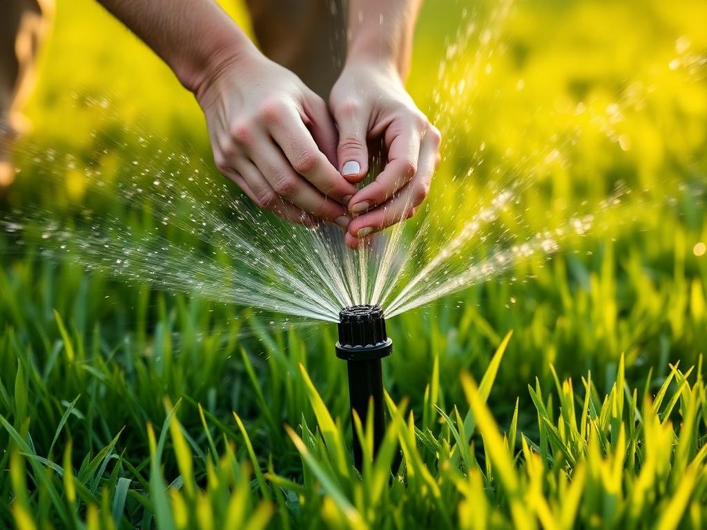Adjusting a sprinkler head in a green lawn